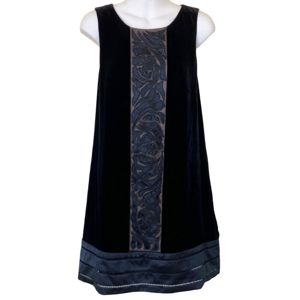 BCBGMAXAZRIA Velvet Shift Dress Sleeveless Beaded Silk/Rayon Black Velour Size 6